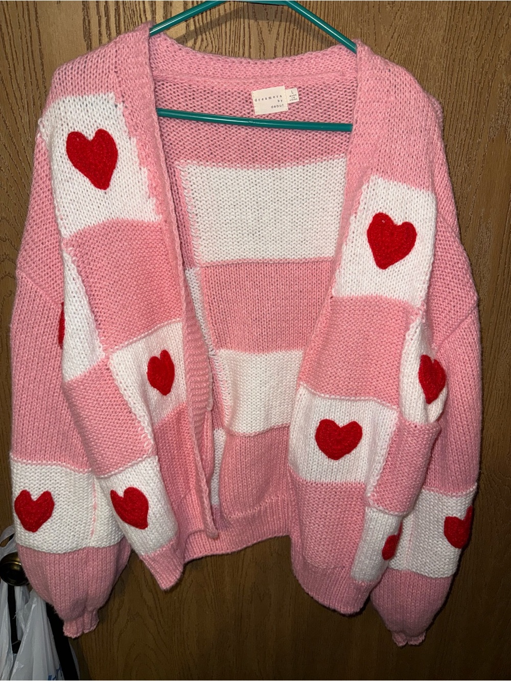 Pink & White Heart-Pattern Open Cardigan Sweater
